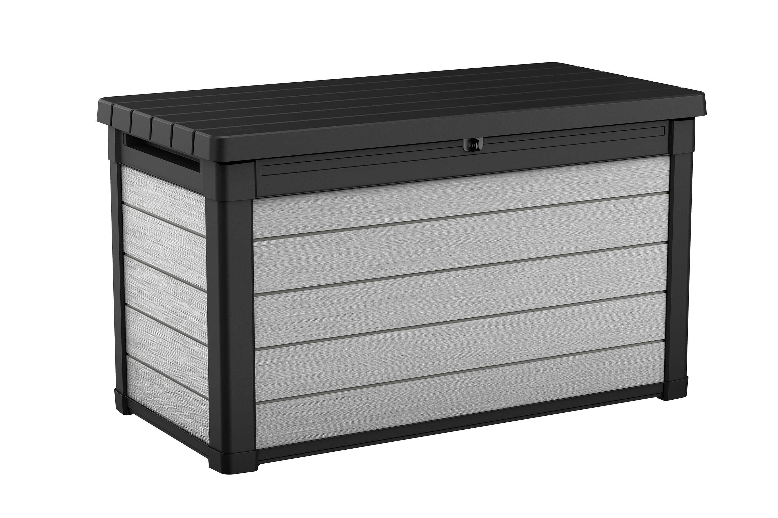 Keter Denali Outdoor 100 Gallon Resin, Plastic and Wood Deck Box, Gray and Black
