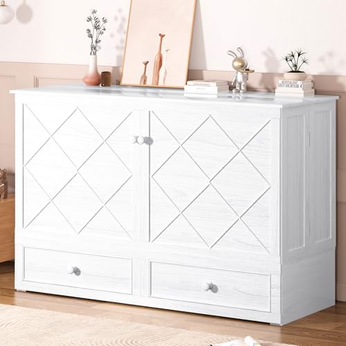 BALUS Murphy Bed Cabinet, 63" W Queen Cabinet Cube Chest Bed with Tri-fold Mattress, Charging Station