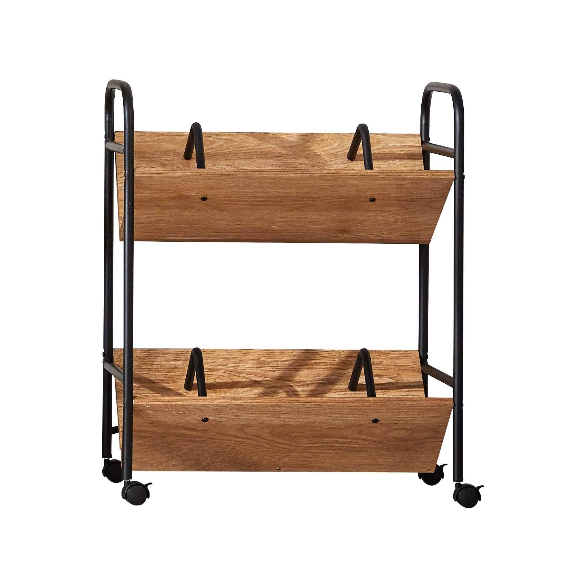 Querencia 2-Tier Wood Metal Double Sided Sloped Mobile Book Cart