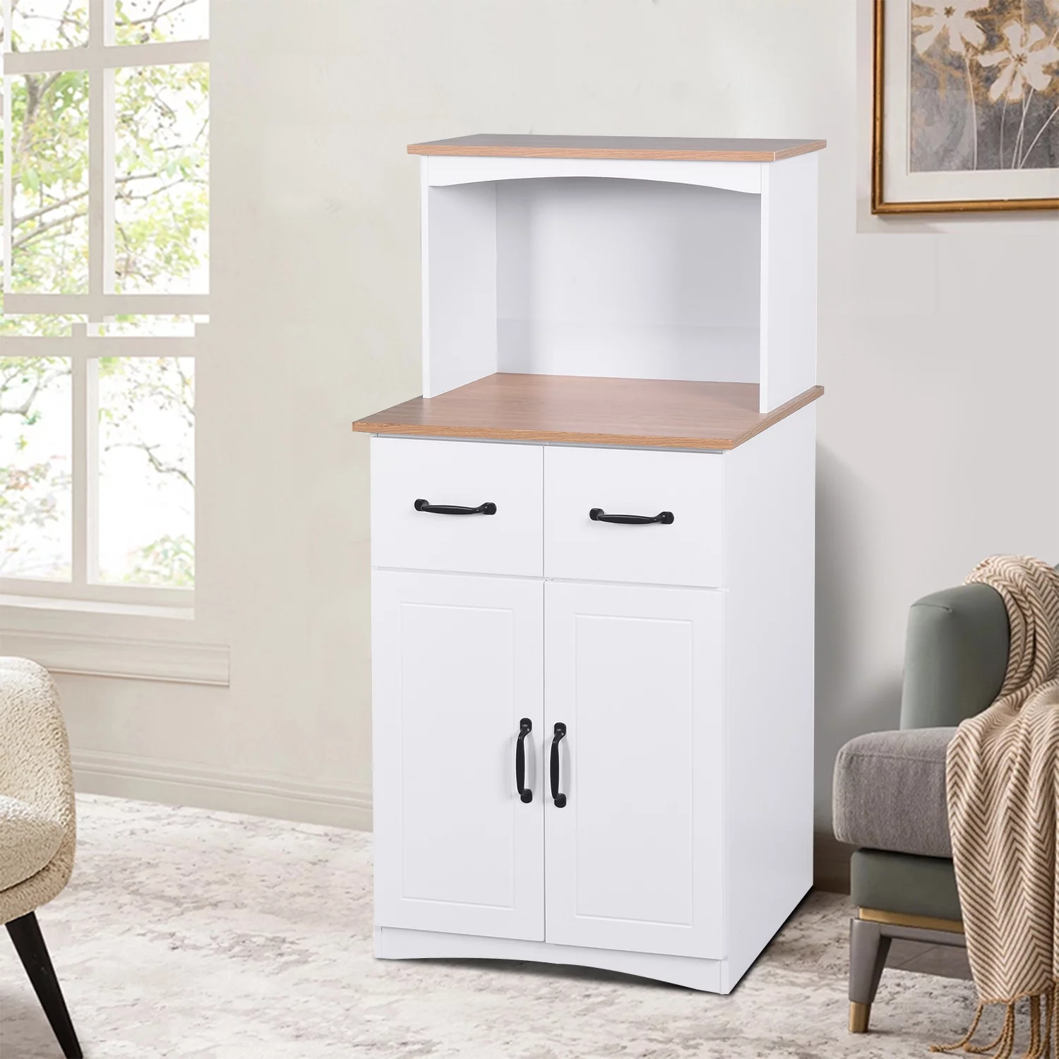 Modern and Minimalist Wooden Microwave Storage Cabinet with An Adjustable Shelf, 2 Doors and 2 Drawers for Dining Room, Living Room and Kitchen, White