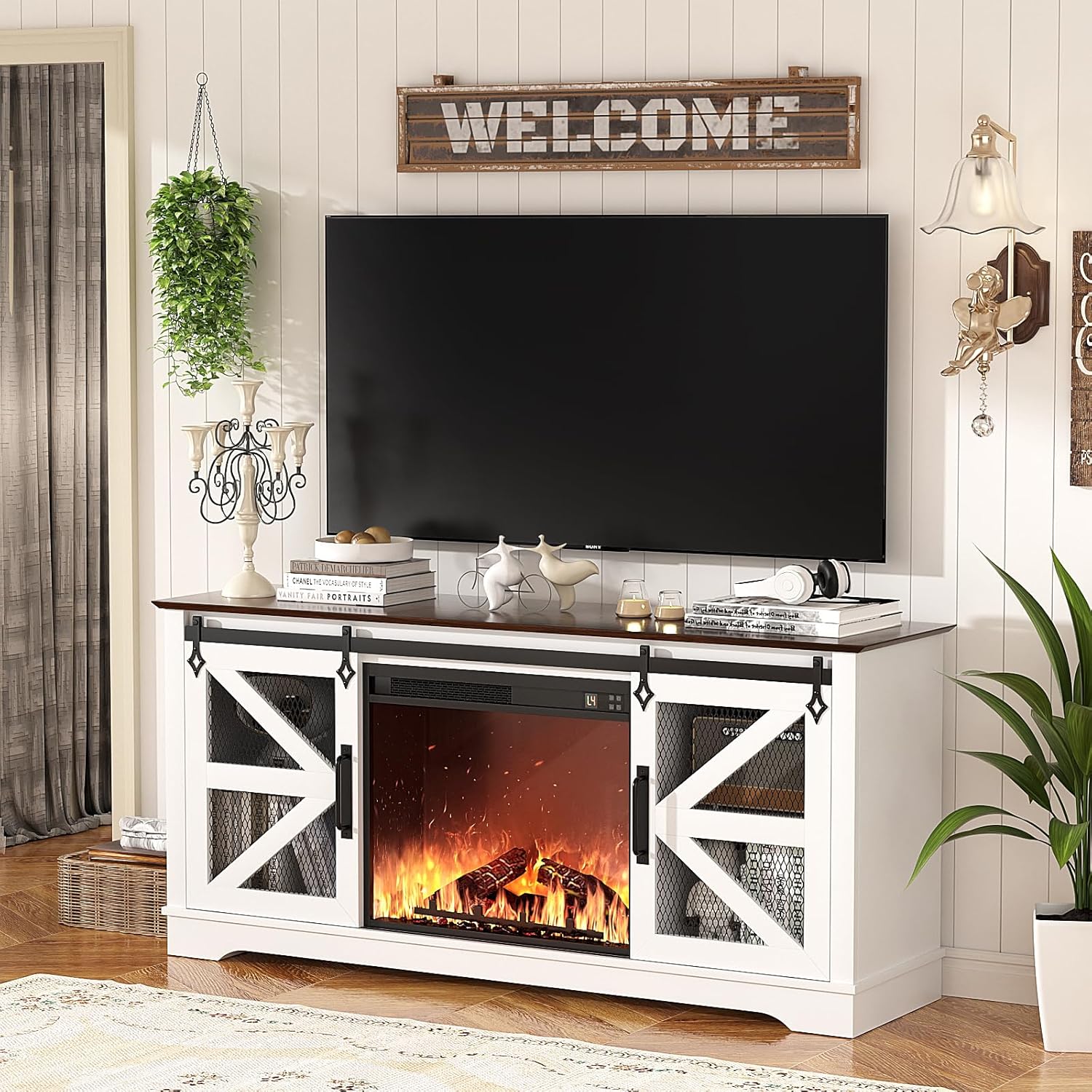 VOWNER Fireplace TV Stand for 65 Inch TV, Farmhouse Media Console Table with Electric Fireplace Heater & Sliding Barn Doors