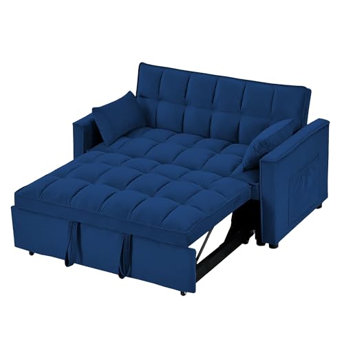 55" Velvet Convertible Sofa Sleeper w/2 Detachable Arm Pockets, Pull-Out Couch Bed Loveseat with Adjustable Backrest