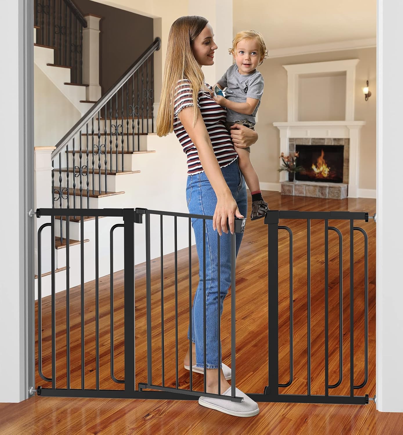 Cumbor 29.7-57" Baby Gate for Stairs, Extra Wide Dog Gate for Doorways, Pressure Mounted Walk Through Safety Child Gate for Kids Toddler