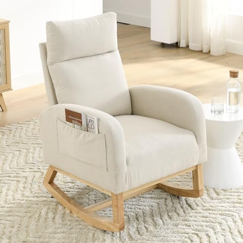 NIOIIKIT Modern Nursery Rocking Chair, Teddy Upholstered Glider Chair with High Back and Side Pocket, Comfy Accent Armchair with Wood Legs