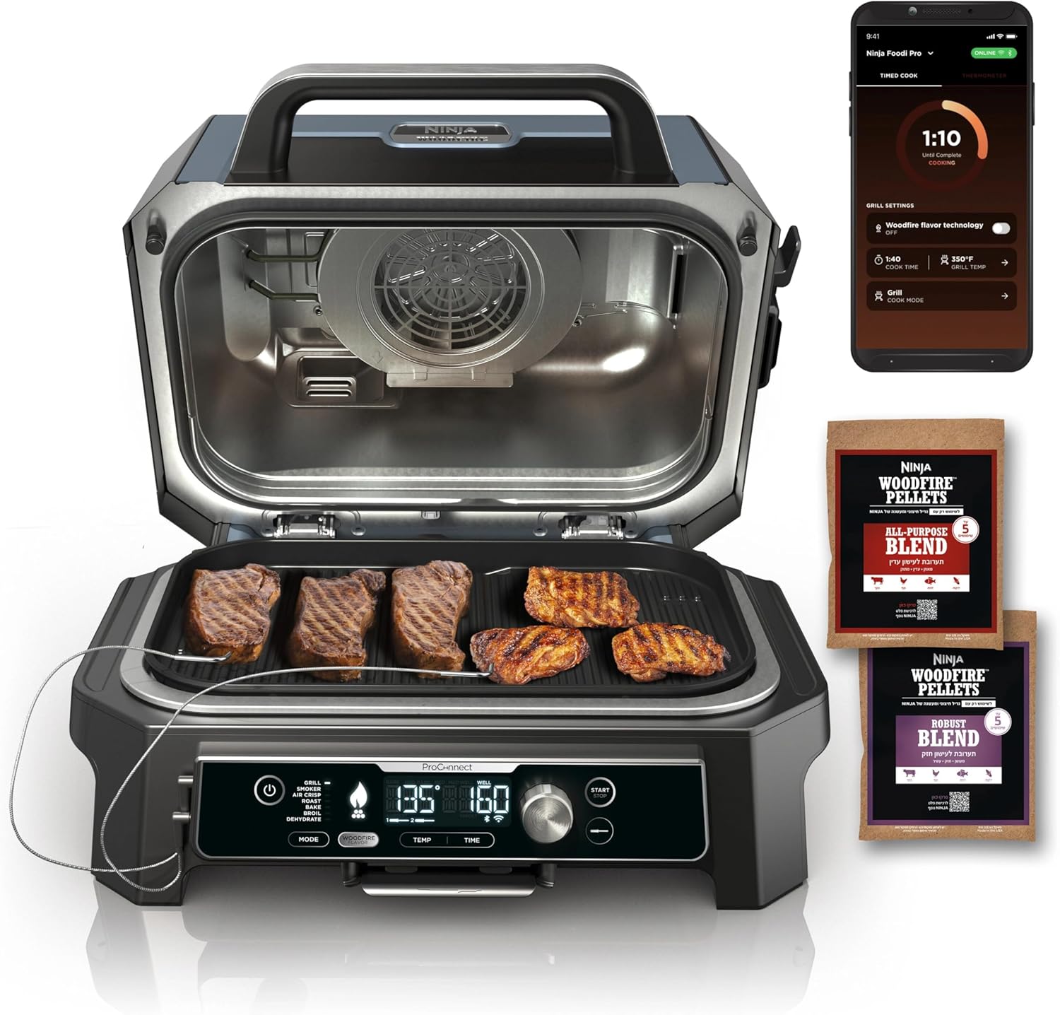 Ninja OG951 Woodfire Pro Connect Premium XL Outdoor Grill & Smoker, Bluetooth, App Enabled, Air Fryer, Woodfire Technology, 2 Built-In Thermometers