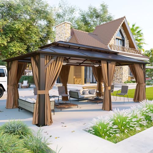 Aoxun 12'x10' Hardtop Gazebo, Aluminum Frame Permanent Pavilion with Curtains and Netting, Outdoor Polycarbonate Double Roof Canopy