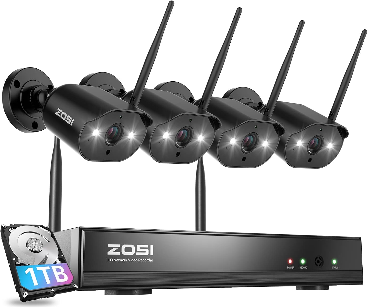 ZOSI 8 Channel 2K Wireless Security Camera System Outdoor Indoor, 4 X 3MP WiFi IP Camera with Color Night Vision, Plug-in, Spotlight, 2-Way Talk