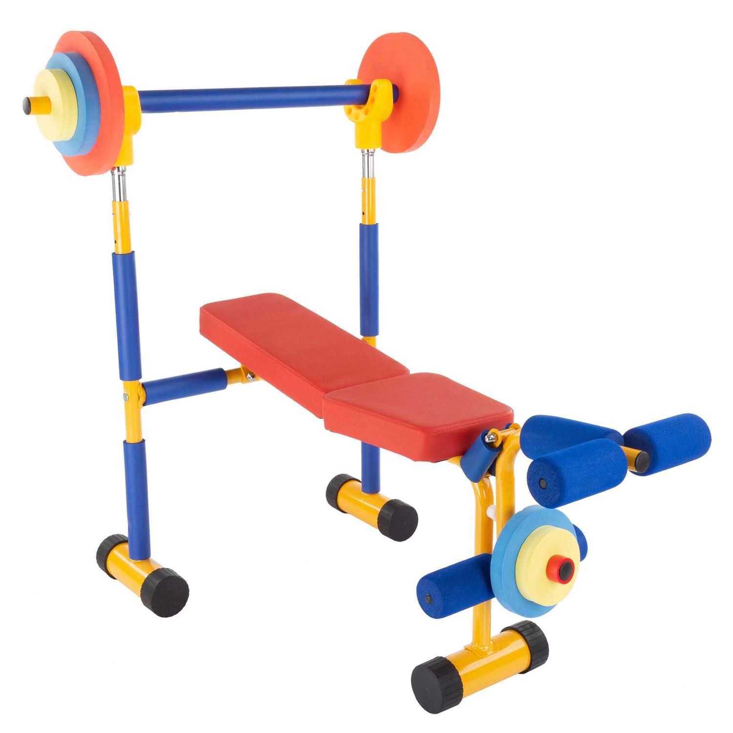 Hey! Play! Kids Weight Bench Set Toddler Gym for Beginner Exercises and Weightlifting with Leg Press and Barbell - Sports Supplies Online Store