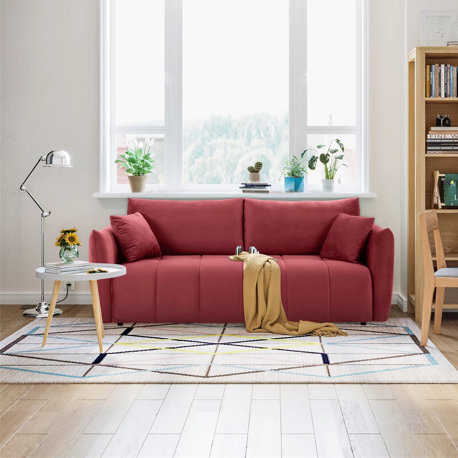 Kevinplus Modern Fabric Sectional Couch Sofa 3 Seater Sofa with 2 Pillows for Living Room Bedroom Office Apartment (Wine Red)