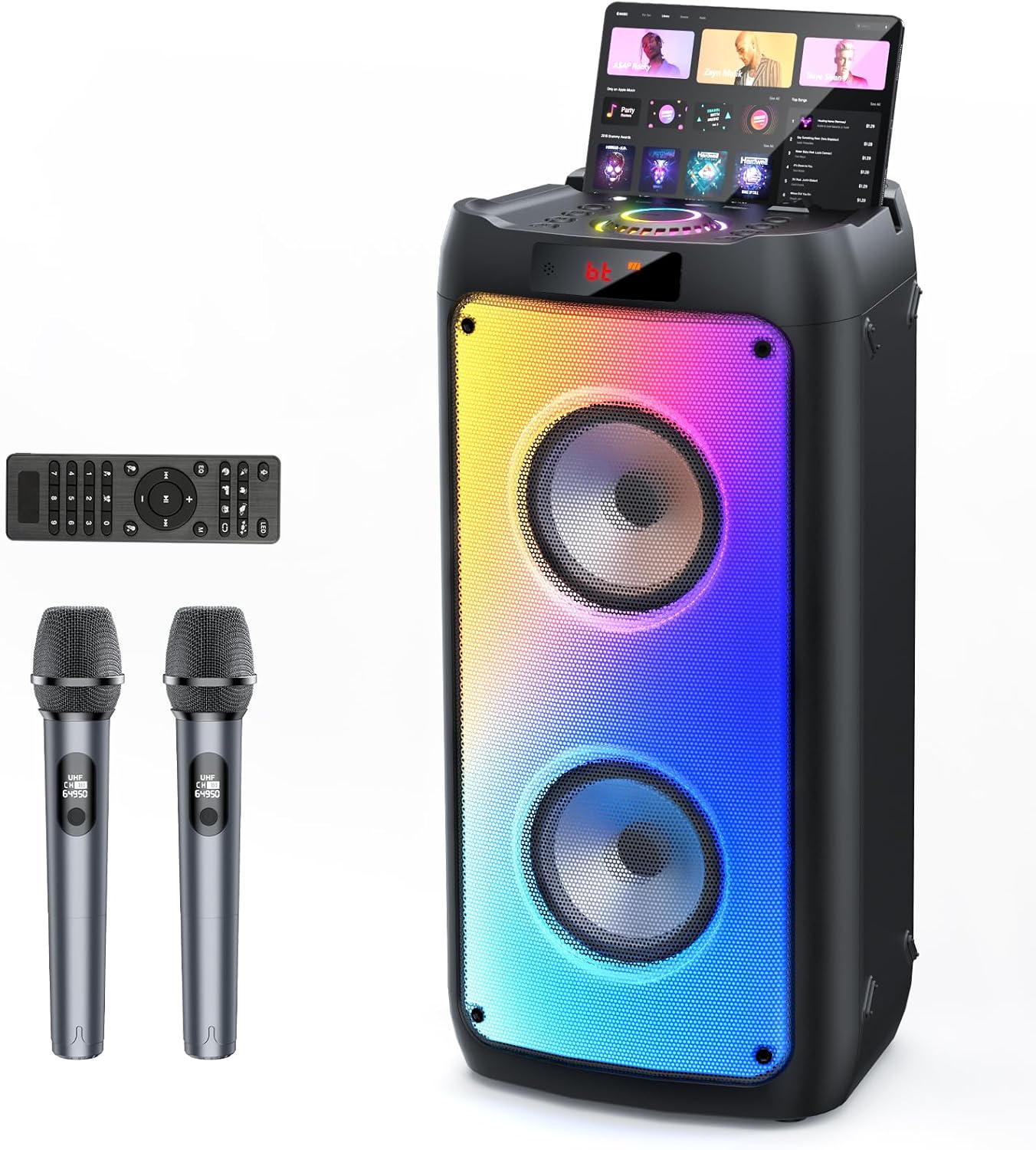 Karaoke Machine with 2 Wireless Microphones, Portable Bluetooth Speaker for Adults & Kids, Big Party PA System with Disco Lights for Gatherings