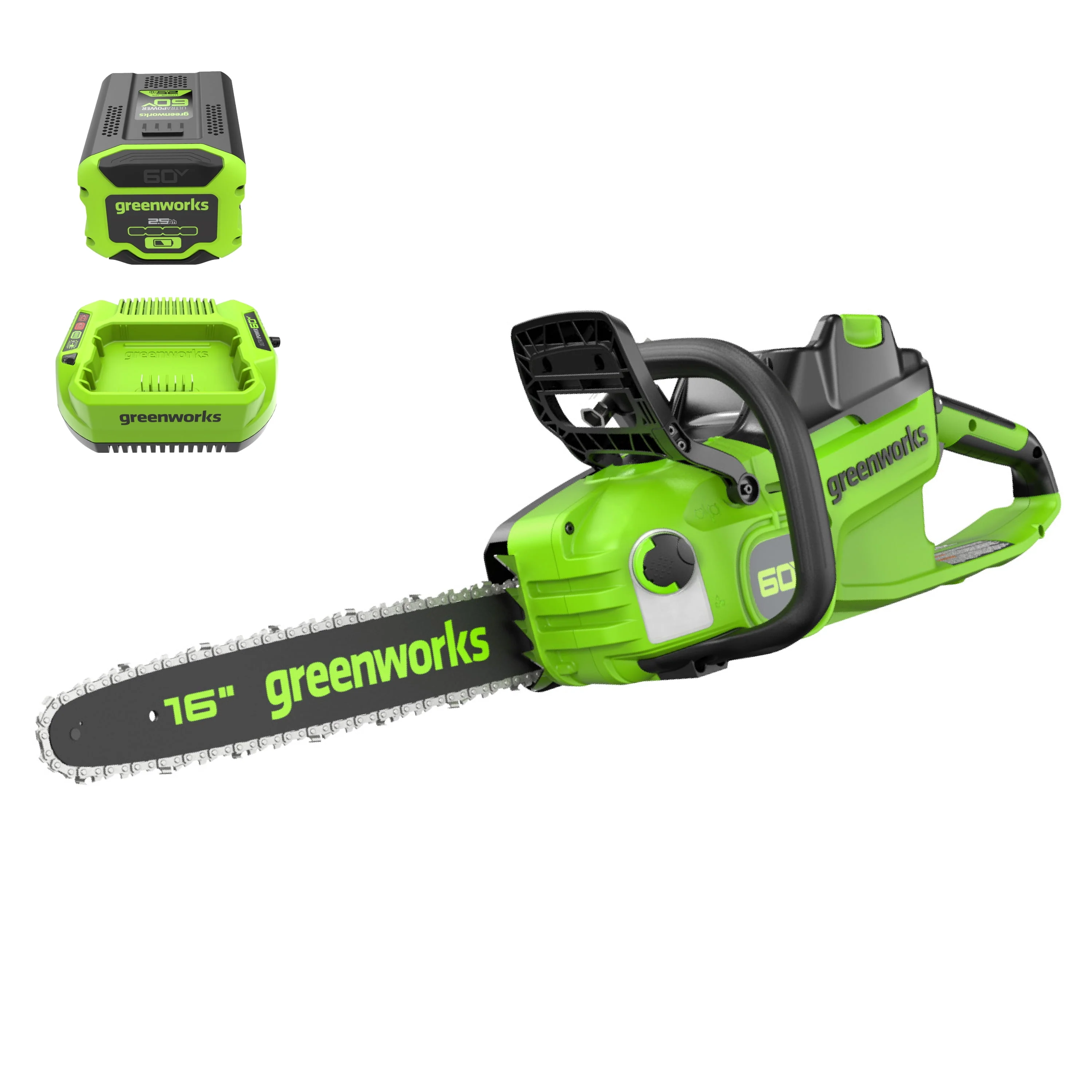 Greenworks 60V 16 1.5kW Brushless Chainsaw with 2.5 Ah Battery & 3 Amp Charger 2028602
