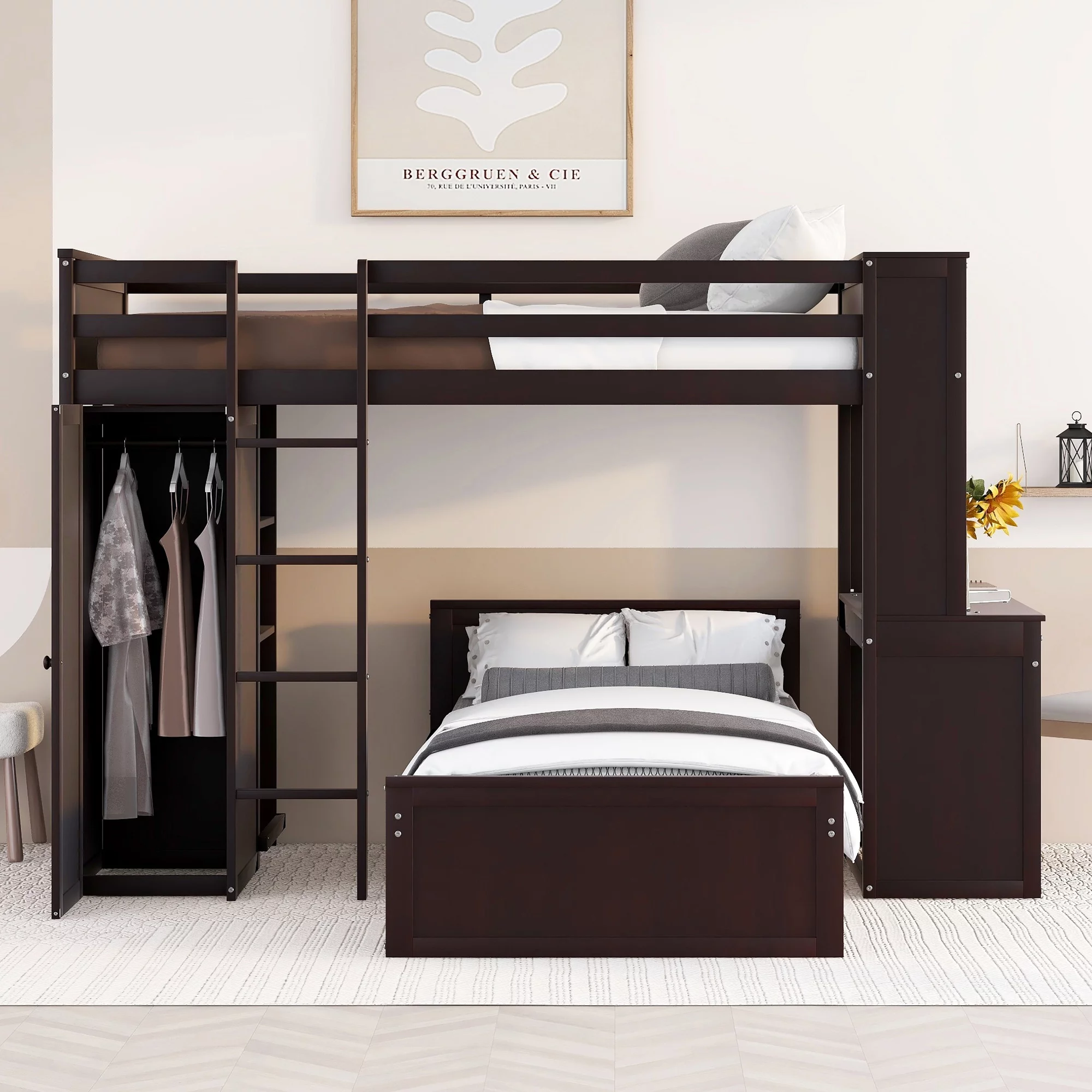 Twin Size Solid Wood Loft Bed with a Stand-alone bed, Shelves, Desk, and Wardrobe, Multifunctional Loft Bed with Ladder, Shelves, Wooden Loft Bed