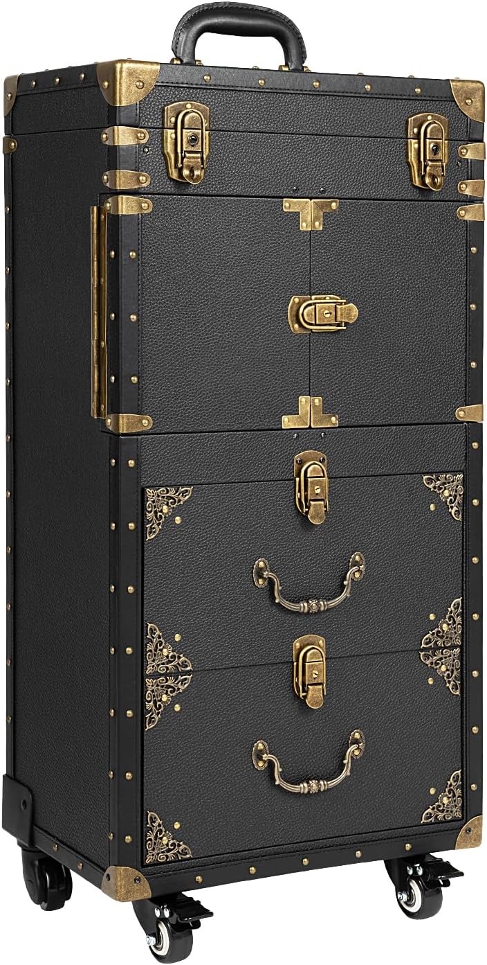 Rolling Makeup Train Case Lockable Cosmetology Case on Wheels Professional Cosmetics Organizer for Hairstylist Nail Technicians Makeup Artist