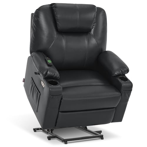 MCombo Power Lift Recliner Chair for Elderly, Lift Chair with Heat and Massage, FSC Certified, USB Ports, Cup Holders, Faux Leather 7040 (Black