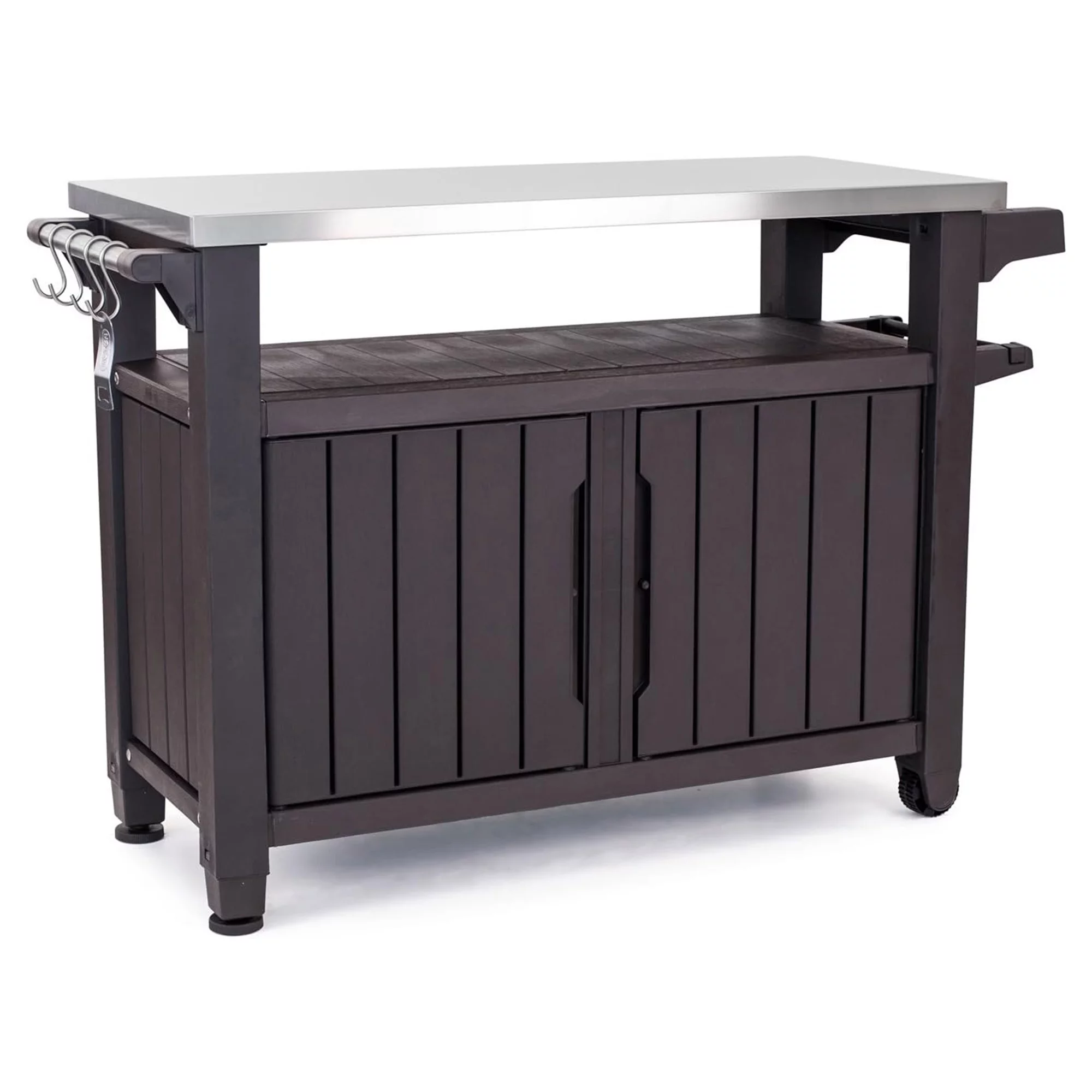 Keter Unity XL Outdoor Kitchen Bar Rolling Cart with Storage Cabinet, Brown - Radiant Selections
