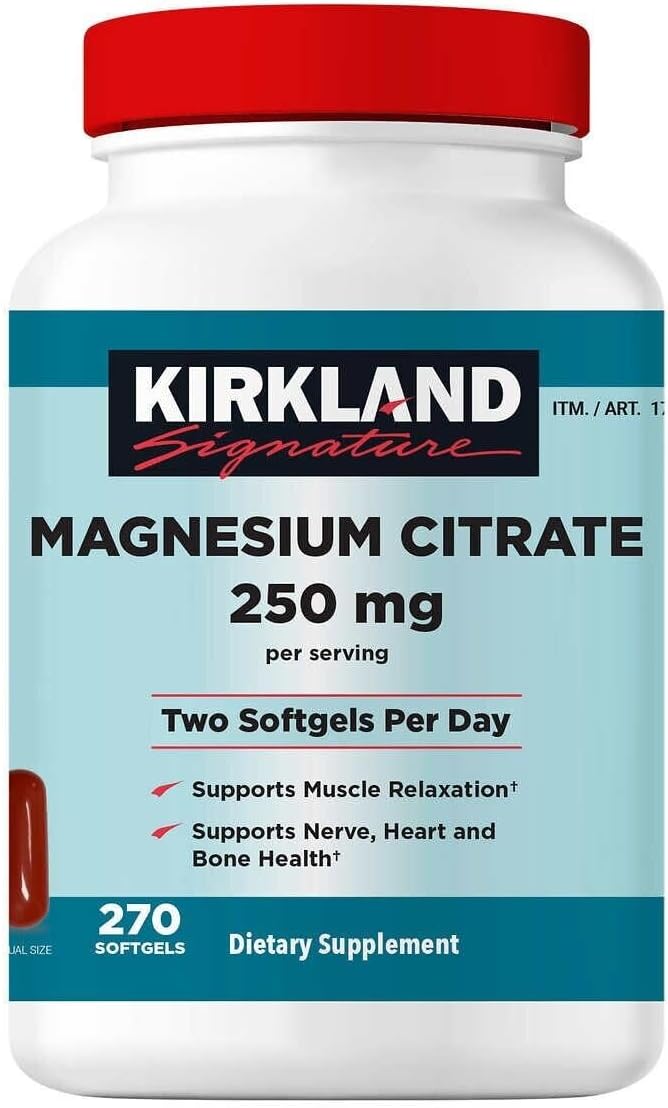 Kirkland Signature Magnesium Citrate 250mg, 270 Softgels. Supports Muscle Relaxation, Nerve, Heart and Bone Health