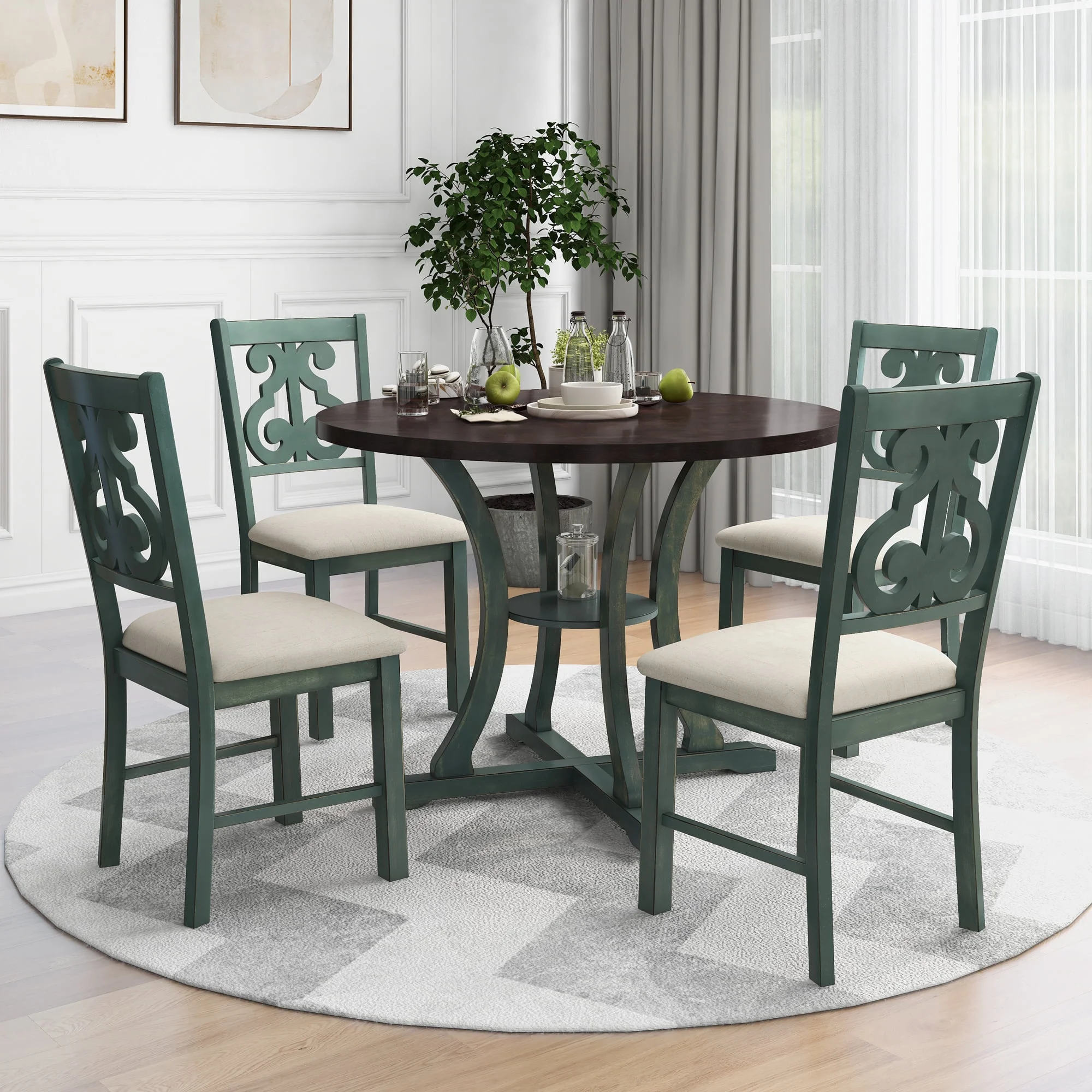 5-Piece Round Dining Table with 4 Fabric Chairs Set , with Special-shaped Table Legs and Storage Shelf (Antique Blue/ Dark Brown)