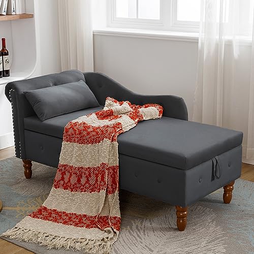 Chaise Lounge Indoor,Velvet Lounge Chair for Bedroom with Storage & Pillow