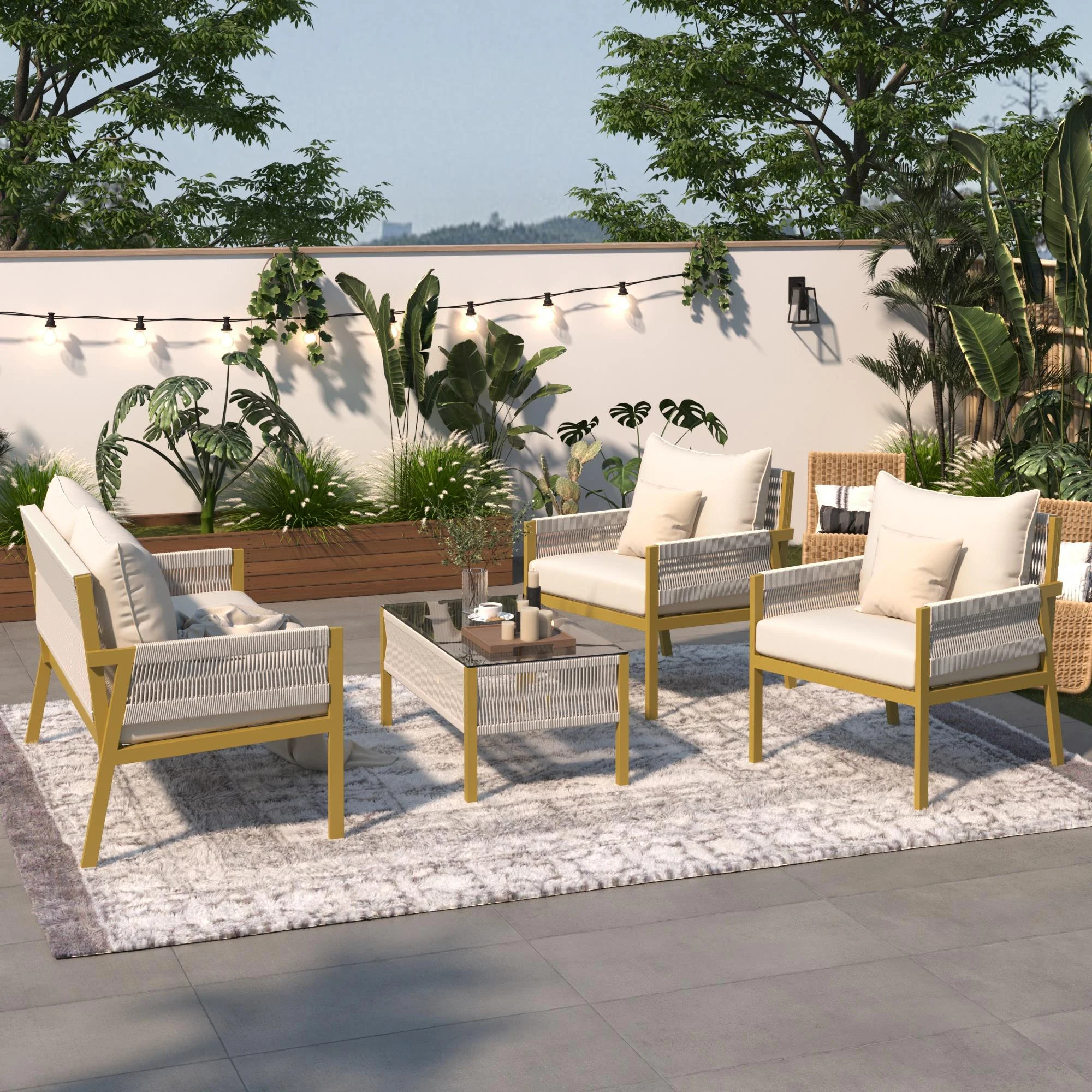 Glavbiku 4-Piece Patio Furniture Set,Outdoor Furniture with Tempered Glass Table for Backyard,Yellow