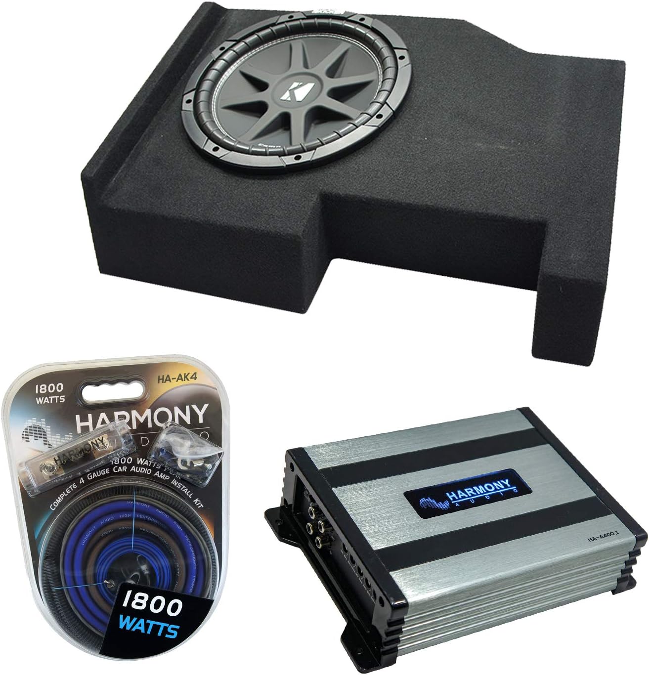 Kicker Bundle Compatible with 2014 - UP Chevy Silverado Crew Cab 43C104 Comp C10 Single 10 Loaded Sub Box Enclosure with HA-A400.1 Amplifier