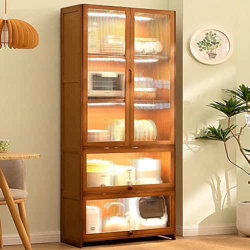 70" Tall Kitchen Pantry Storage Cabinet, Bamboo Farmhouse Pantry Cabinet with Acrylic Doors and 2 Drawers, 5 Tier Bathroom Storage Cabinet