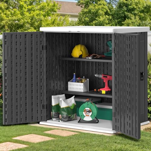 YITAHOME Outdoor Storage Cabinet with 2 Shelves, Waterproof Resin Horizontal Tool Shed, Lockable 15 cu. ft. Storage Shed for Patio, Garden, Yard