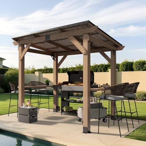 8x6 FT Wood Grill Gazebos, BBQ Wooden Gazebo with Hardtop Sloping Steel Roof, Wood Outdoor Pavilion with 2 Side Storage Shelves