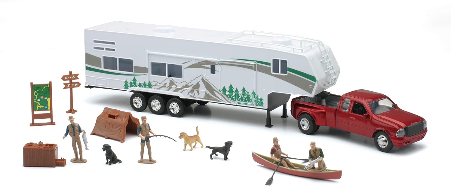 New-Ray Toys Die Cast Pick Up Truck with Camper Trailer and Accessories
