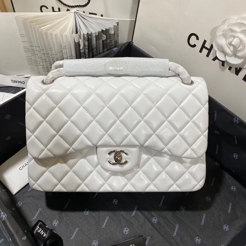 Chanel Large Classic Handbag Silver Hardware White For Women, Women&rsquo;s Handbags, Shoulder Bags 11.8in/30cm