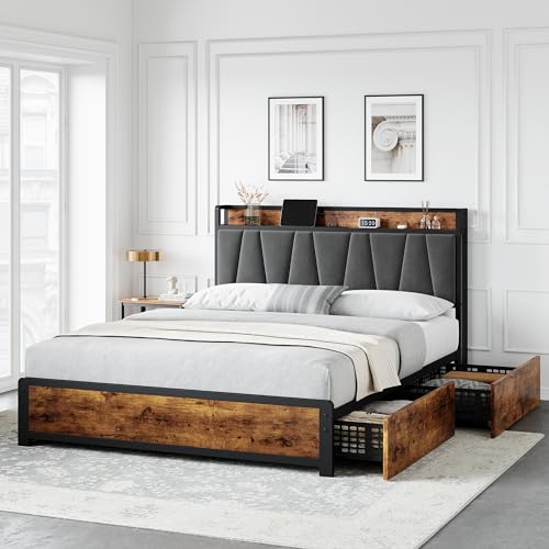 GAOMON Full Size Bed Frame with 4 Storage Drawers and Linen Upholstered Headboard, Full Platform Bed Frame with Charging Station