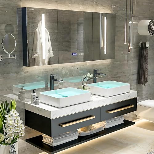 Double Bathroom Bathroom Vanity with Sink - Floating Bathroom Vanity with LED Smart Defog Mirror Cabinet, Solid Wood Bathroom Vanity, Wall Mounted