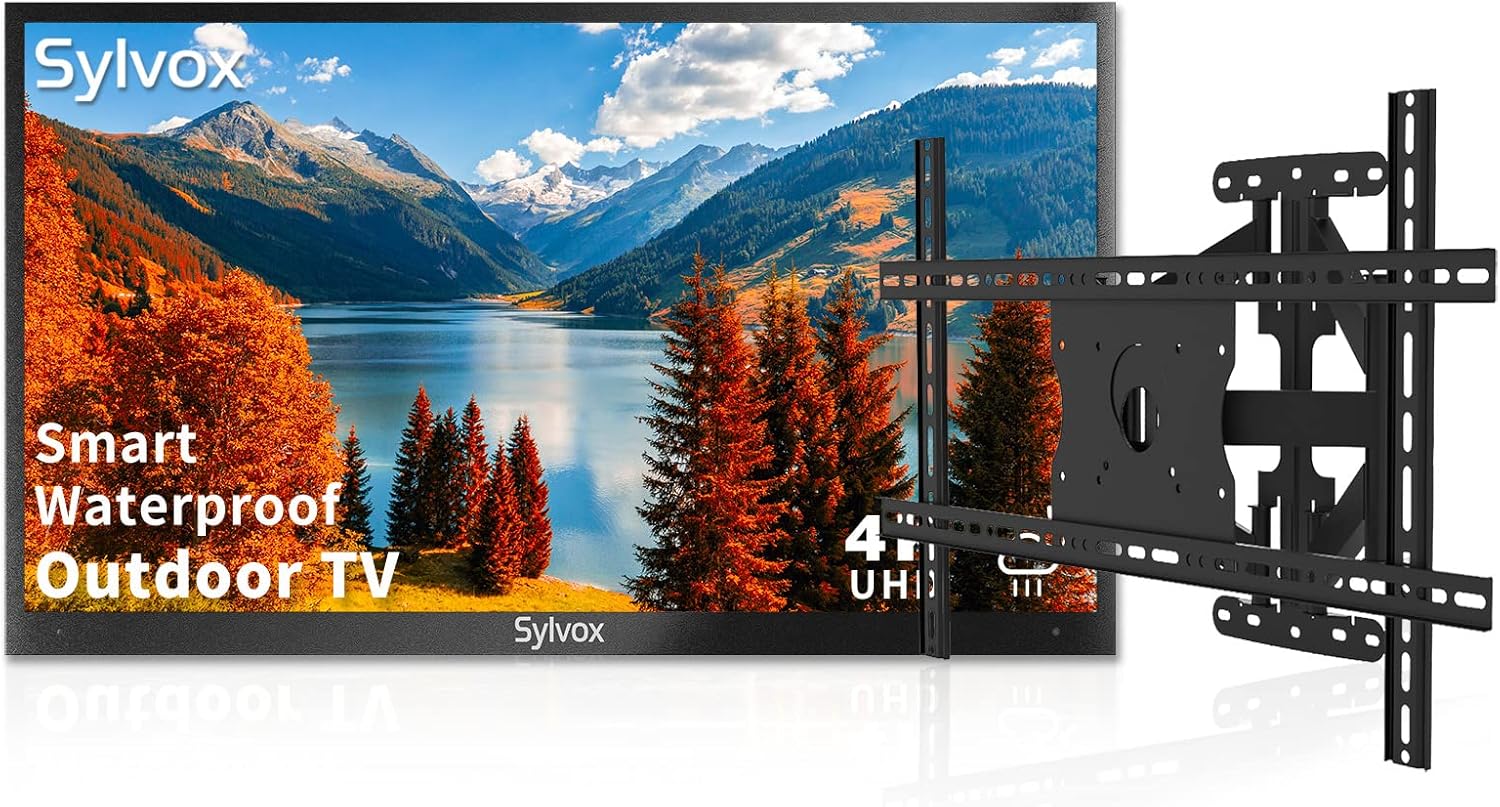 SYLVOX 43 inch Outdoor TV, 4K Weatherproof TV with TV Wall Mount, IP55 Waterproof 1000nits Brightness, for Partial Sun Areas