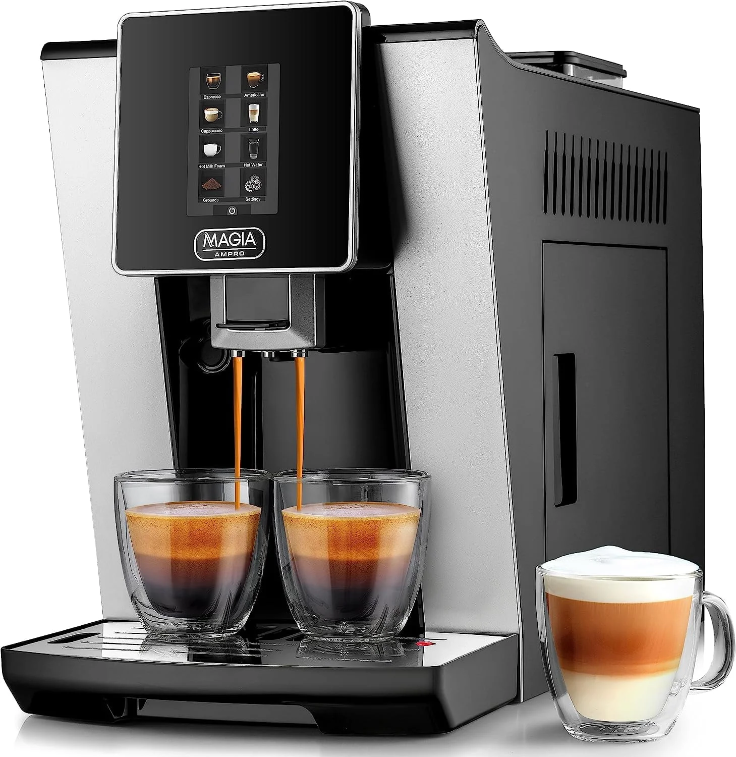 AMPRO Automatic Espresso Machine with Grinder, Super Automatic Coffee Machine and Milk Frother - Black Silver