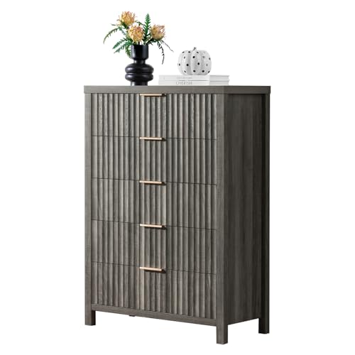 5 Drawers Dresser, 44 Inches Tall Modern Dresser for Bedroom, Curved Profile Design Chest of Drawers, Wood Drawer Organizer for Living Room, Hallway