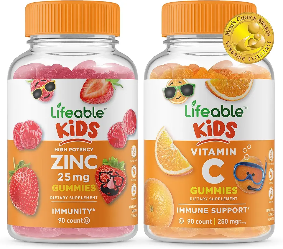 Lifeable Zinc 25mg Kids + Vitamin C Kids, Gummies Bundle - Great Tasting, Vitamin Supplement, Gluten Free, GMO Free, Chewable Gummy