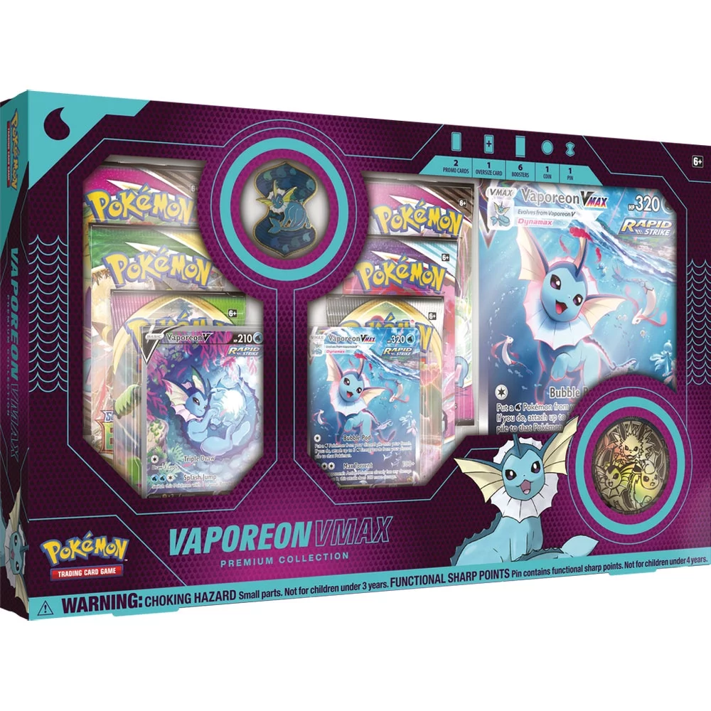 Pokemon Cards - VAPOREON VMAX PREMIUM COLLECTION (6 packs, Large Coin, Pin, Oversize Card, Foils) - Curated Treasures Market