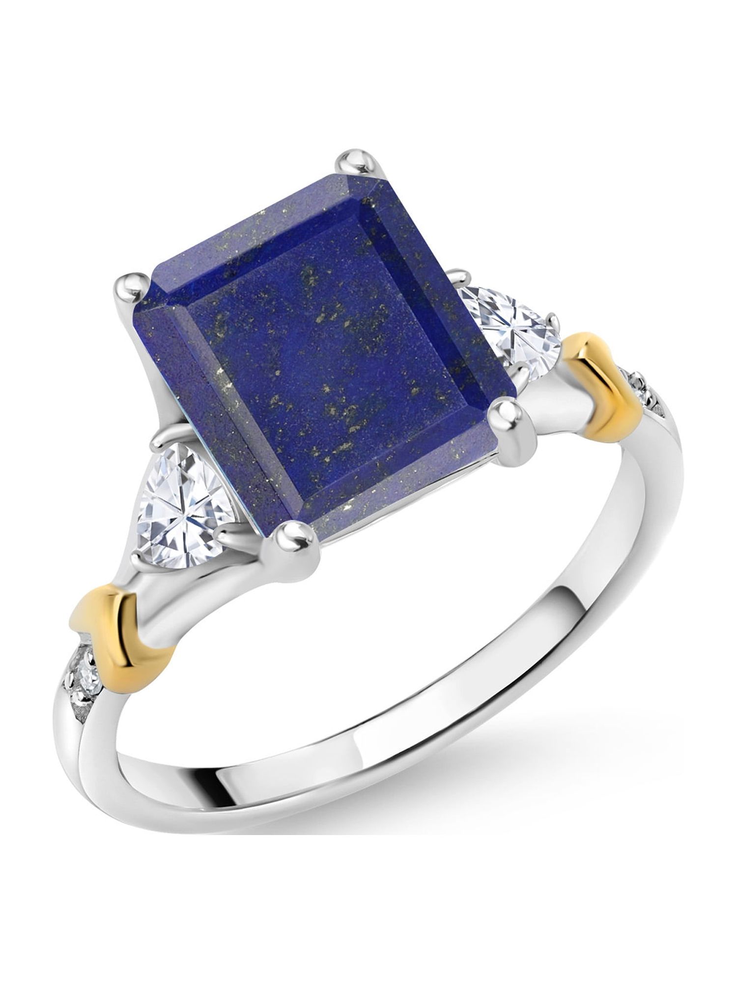 Gem Stone King 925 Silver and 10K Yellow Gold Blue Lapis and White Moissanite and Diamond Engagement Ring For Women (3.34 Cttw, Emerald Cut 10X8MM