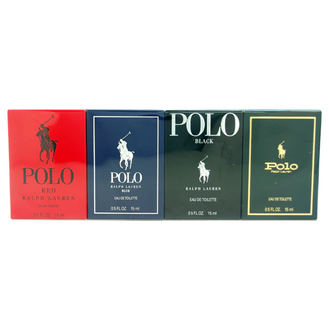 Ralph Lauren Polo Variety by Ralph Lauren for Men - 4 Pc Mini Gift Set 0.5oz Polo Red EDT Splash, 0.5oz Polo Blue EDT Splash