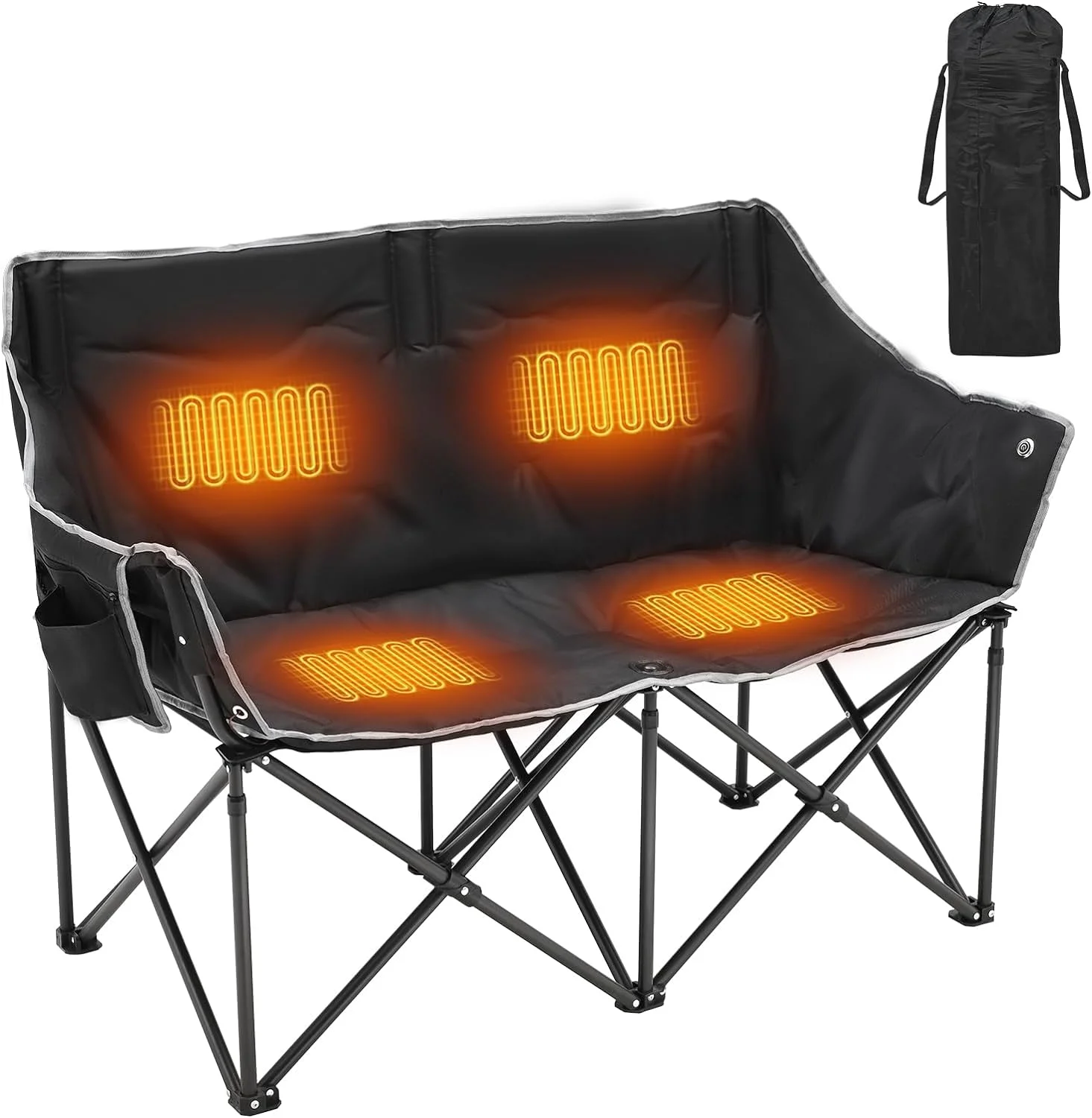 FICISOG Oversized Heated Camping Chair, Two Person Folding Loveseat Double Camping Chair