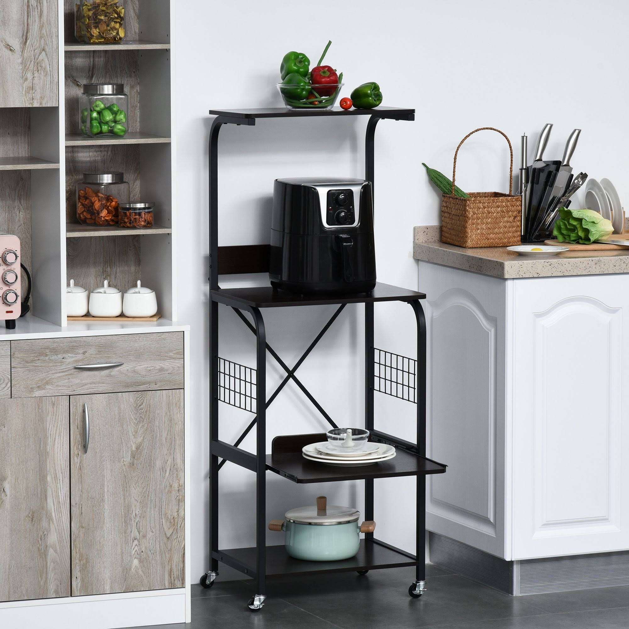 HOMCOM Rolling Microwave Cart Utility Kitchen 4-Tier Storage Shelf on Wheels with Side Wire Grids - Black