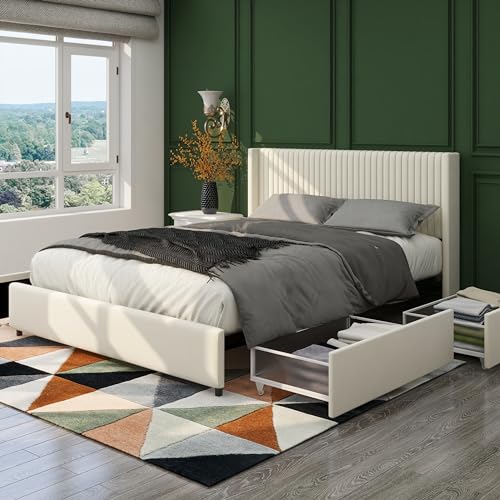 Queen Size Linen Upholstered Platform Bed Frame with 4 Storage Drawers and Wingback Headboard, Wooden Slat Mattress Support, No Box Spring Needed