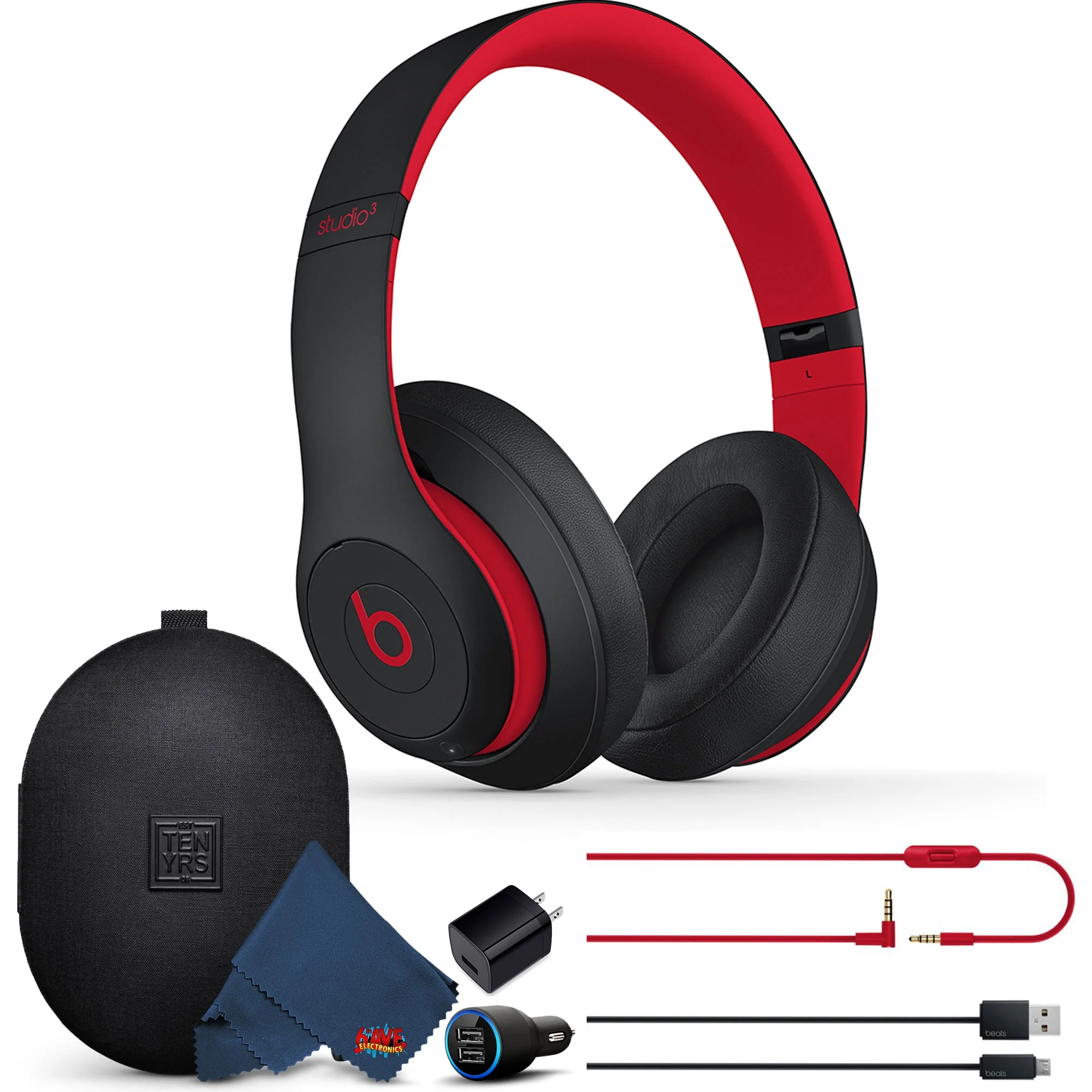 Beats Studio3 Wireless Over-Ear Noise Cancelling Bluetooth Headphones (Black/Red) with Extra USB Charging Adapters and 6Ave Cleaning Cloth