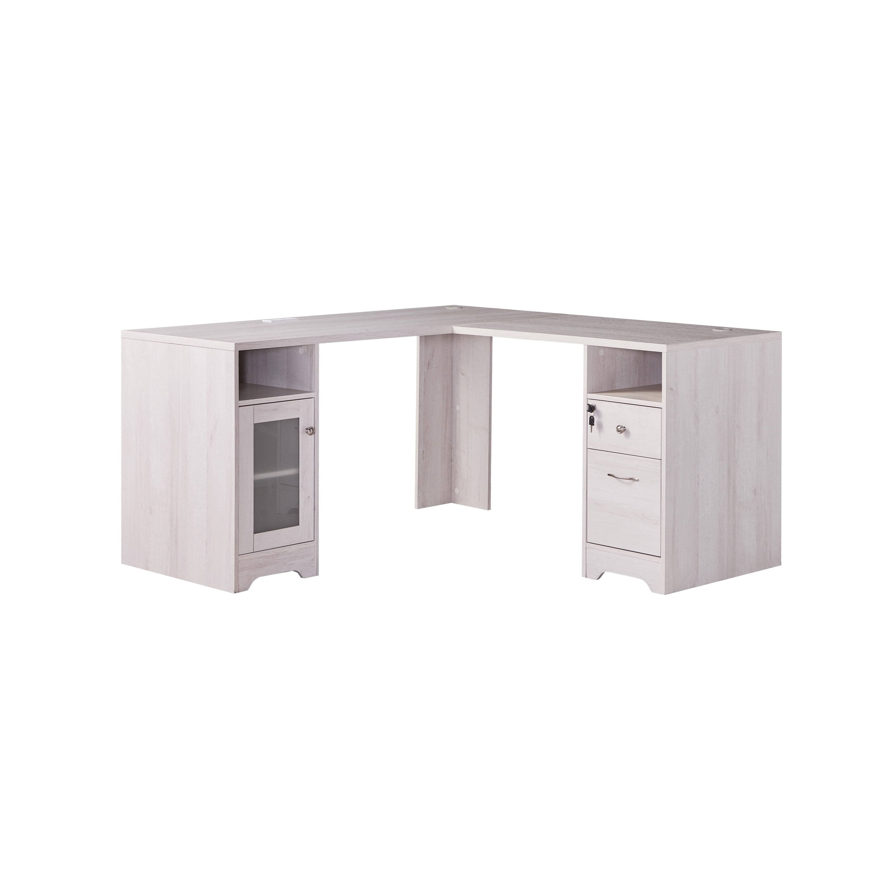 Furniture of America Barlon Modern 59-Inch L-Shape Desk with Locking Drawer - White Oak