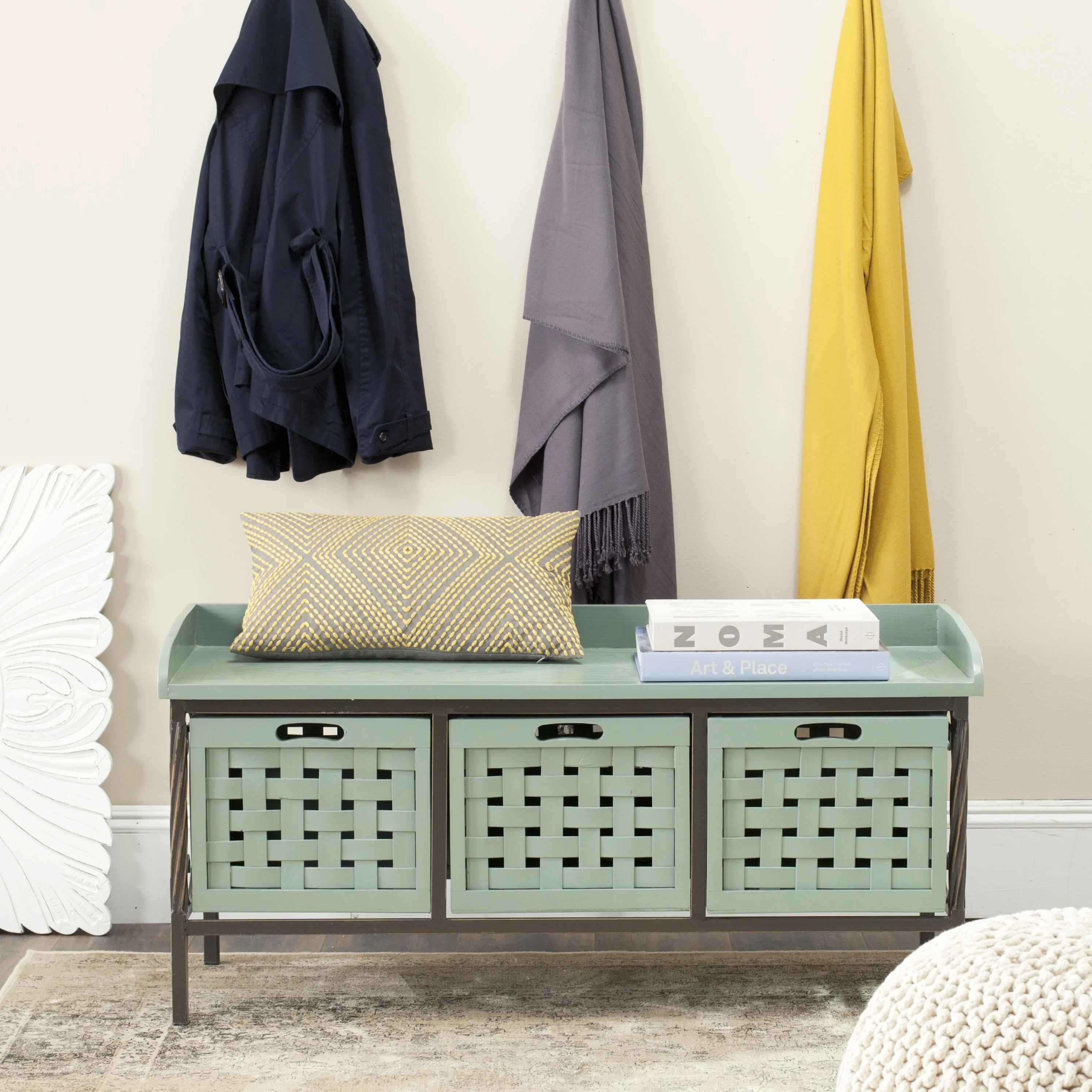 SAFAVIEH Isaac Rustic 3 Drawer Wooden Storage Bench, Dusty Green