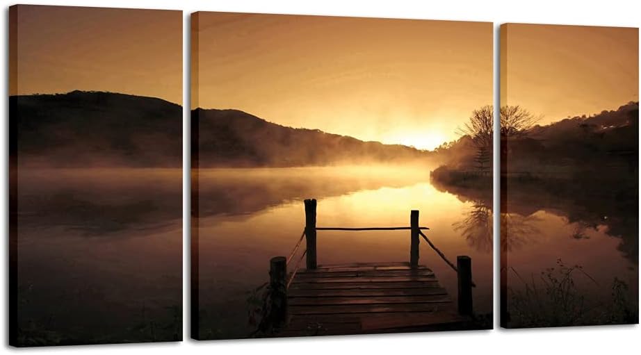 Wieco Art Canvas Prints Wall Art Sunset Beach Picture Paintings for Living Room Bedroom Decor Home Decorations Misty Lake 3 Piece Modern Stretched