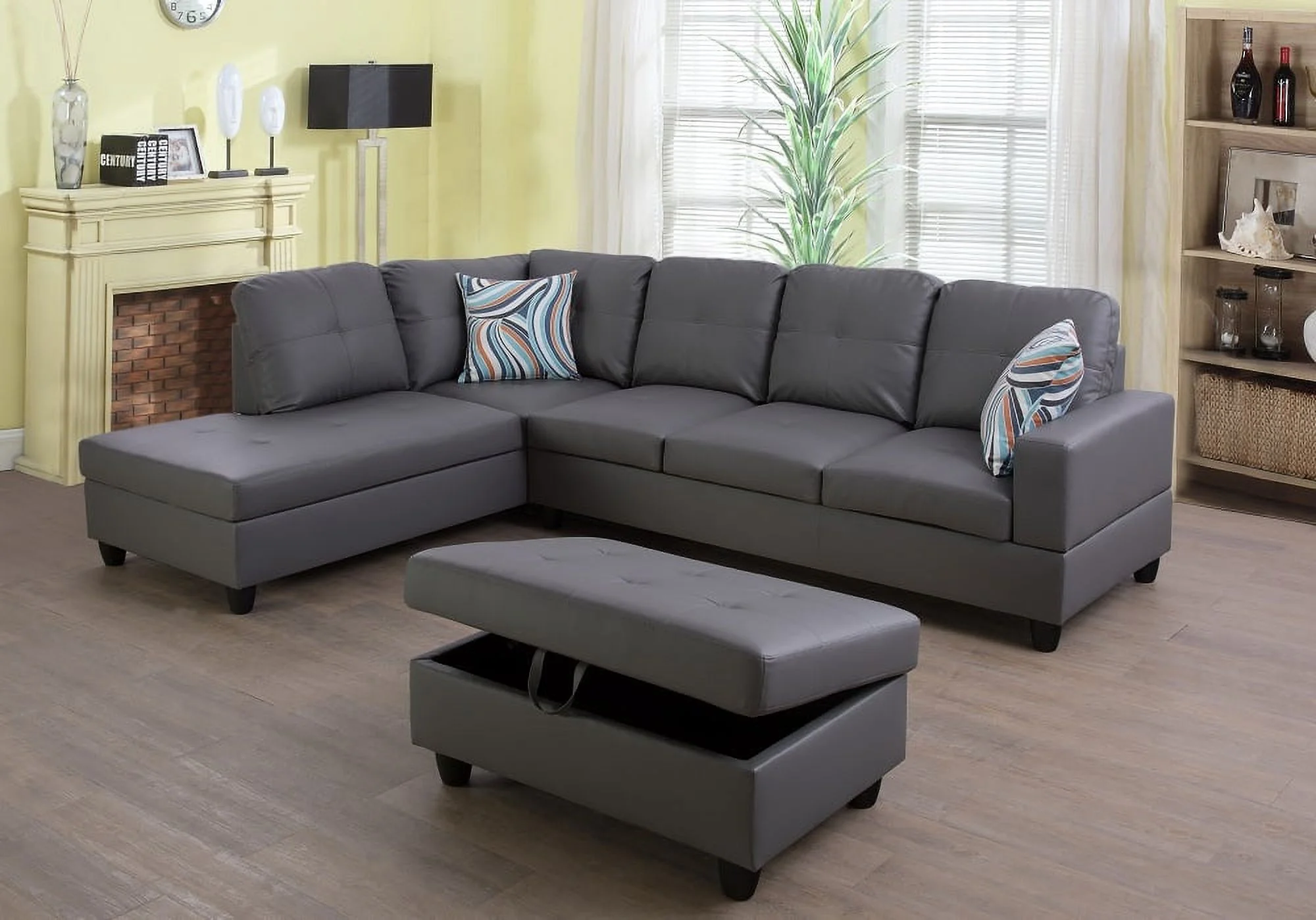 PonLiving Furniture 103.50" Wide Dark Grey Faux Leather Sectional with Ottoman Left Hand Facing PonLiving 103.50" Wide Dark Grey Faux Leather