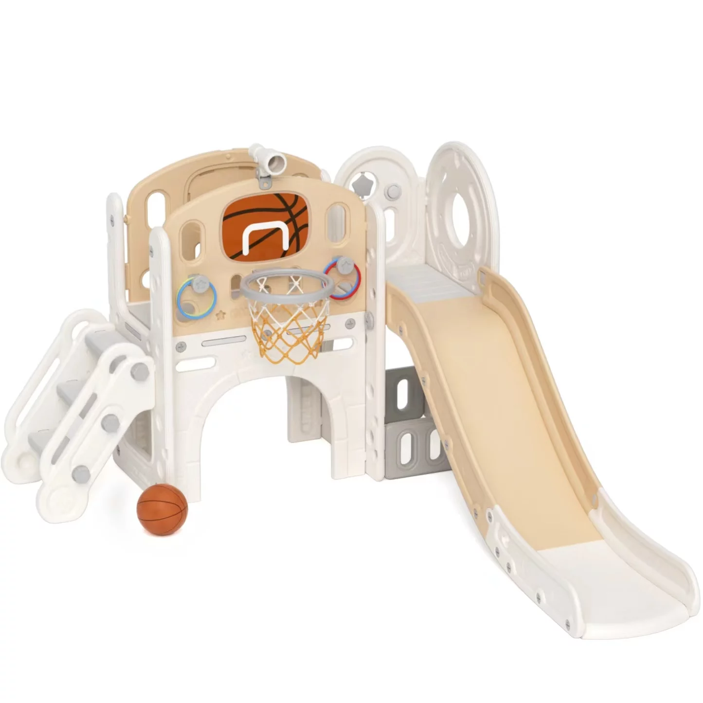 KORIMEFA 7-in-1 Kids Slide with Climber, Toddler Climber Slide Play Set with Basketball Hoop, Tunnel, Telescope and Storage Space