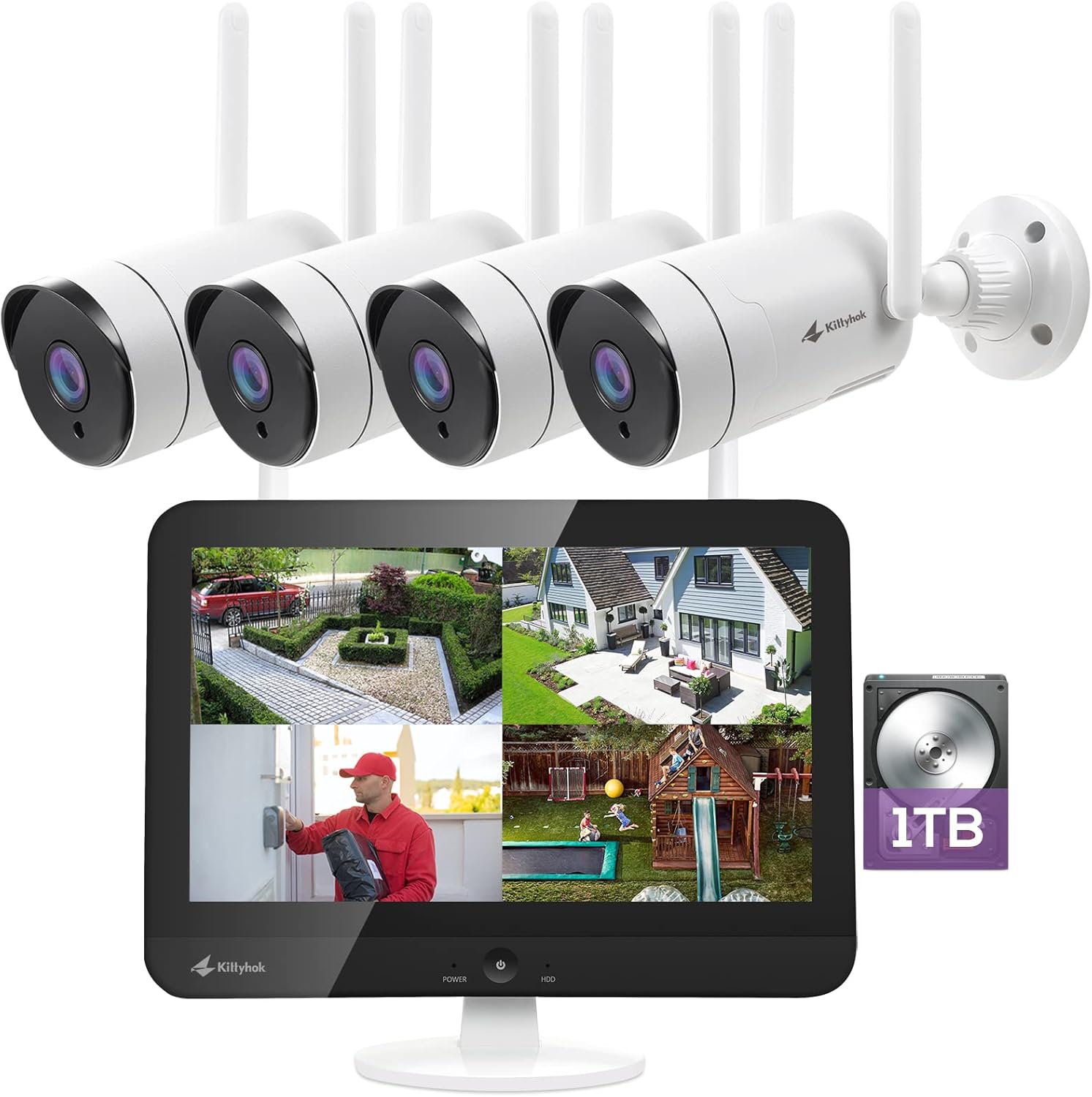 [8CH Expandable] Kittyhok All in One 2K Wireless Security Camera System with 12 HD Monitor, 4Pcs 3MP Home IP Surveillance Cameras with 2 Way Audio