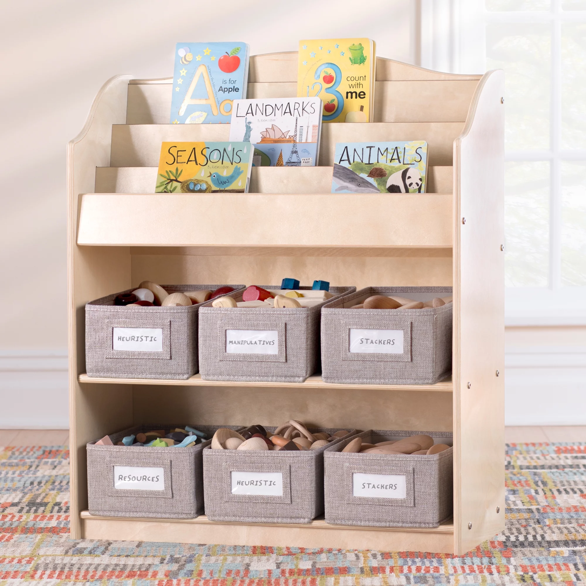 Guidecraft EdQ Essentials Book and Bin Browser Natural: 6 Fabric Storage Bins, Book Display and Toy Storage Organizer for Kids