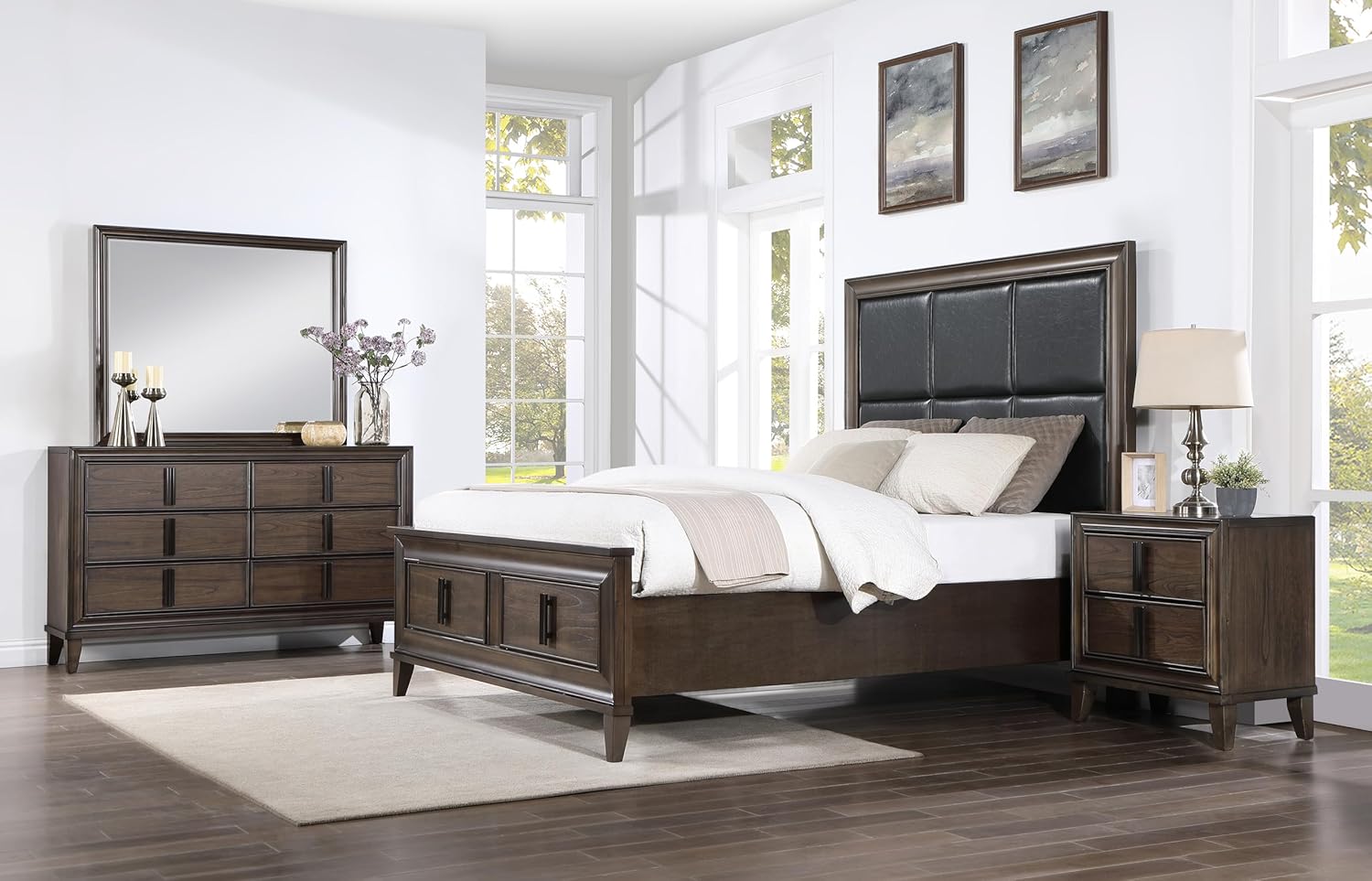 Roundhill Furniture Aetheria Contemporary Wood 4-Piece Bedroom Set, Upholstered Storage Panel Bed, Dresser, Mirror, and Nightstand, Queen, Dark Brown